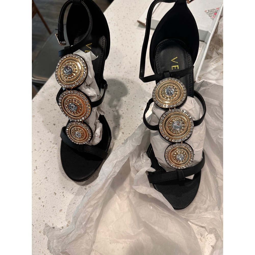 Venus Black Strappy Stiletto Heels Gold Rhinestone Medallion Sandals 10